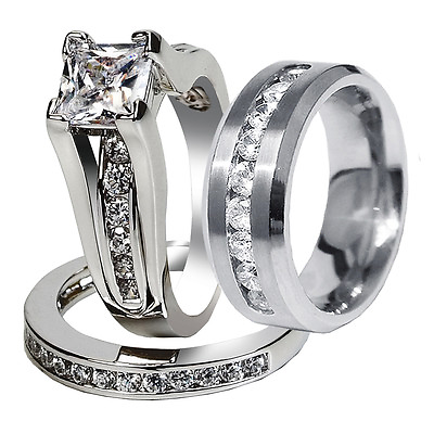 #ad His Hers 3 Pcs Men#x27;s Women#x27;s Stainless Steel Wedding Engagement Ring Band Set $29.49