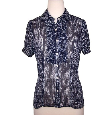 #ad Twentyone Shirt Top Blouse Medium Retro Ruffled Button Up Sheer Short Sleeves $7.44