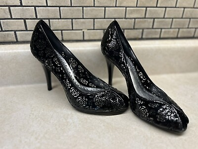 #ad BCBG GIRLS SILVER BLK FLORAL TOOLED LEATHER HEELS PUMPS SHOES STILETTOS 7 New $25.00