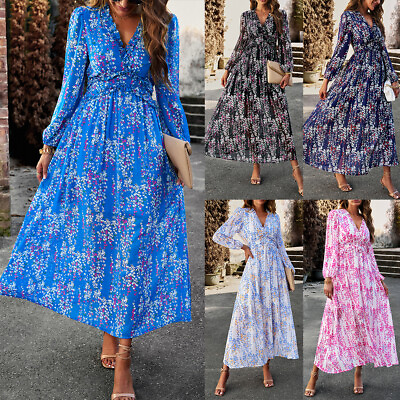 #ad Womens Floral Boho V Neck Maxi Dress Ladies Long Sleeve Holiday Swing Wrap Dress $21.89