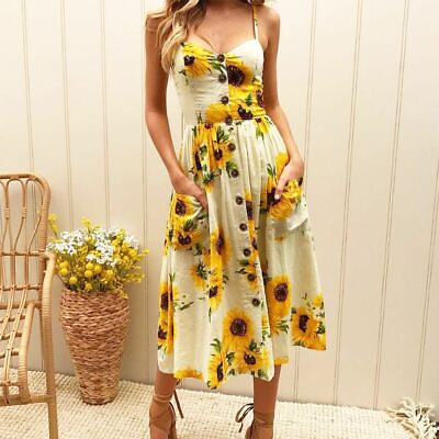 #ad Women#x27;s Summer Boho Sunflower Maxi Dress Strappy Sleeveless Party Beach Dress US $12.87