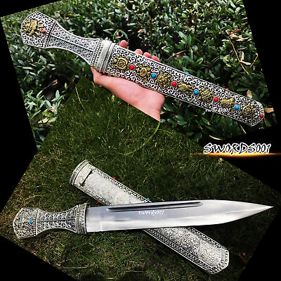 #ad 18#x27;#x27; Silver Plated Exquisite Design Tibetan Knife Short Sword Carbon Steel Blade $171.95
