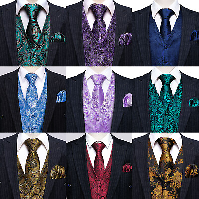 #ad Fashion Men#x27;s Waistcoat Coat Vest Tie Hankie SET Formal Dress Suit Slim Tuxedo $15.99
