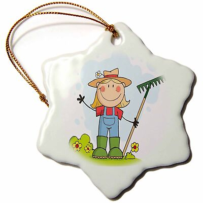 #ad 3dRose Cute Stick Figure Girl Gardener Farmer 3 inch Snowflake Porcelain Ornamen $14.99