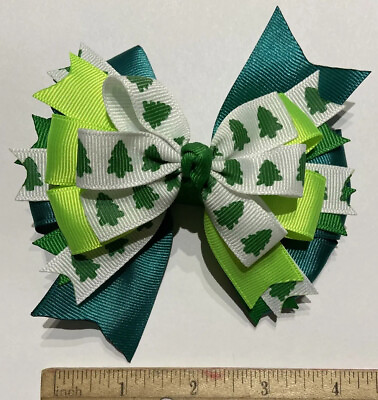 #ad 4 inch handmade Hair Bow Green amp; White Christmas Tree Evergreens Boutique NEW $4.00