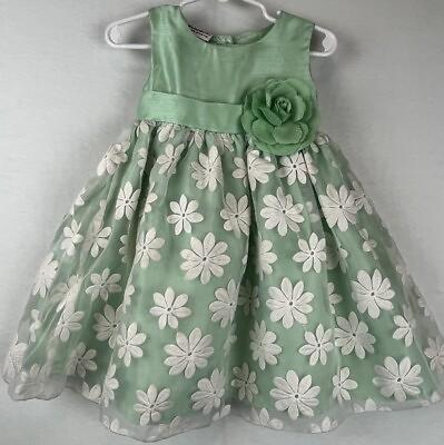 #ad Blueberi Boulevard Dress Girl Sz 18 Month Green w White Flowers Tulle Sleeveless $18.99