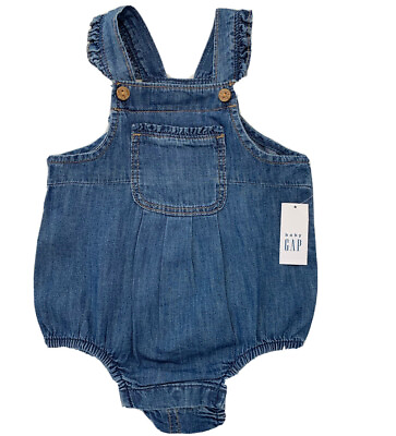 #ad NWT Baby Gap Girls 3 6 Months Blue Denim Flutter Sleeve Adjustable Bubble Romper $17.99