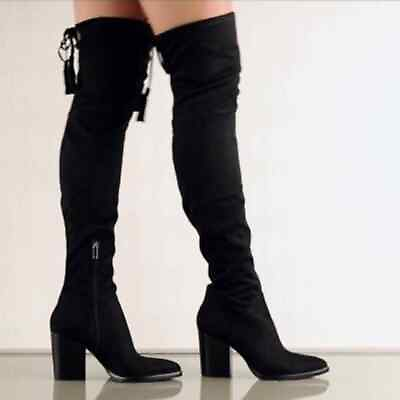 #ad Marc Fisher Alinda Over The Knee Boots Sz 9 BLACK Suede with 2 Back Tie Tassels $72.50