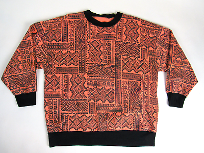 #ad Vtg 80s 90s All Over Print Neon Orange Tribal Sweatshirt Surf Skate AOP Grunge $34.99