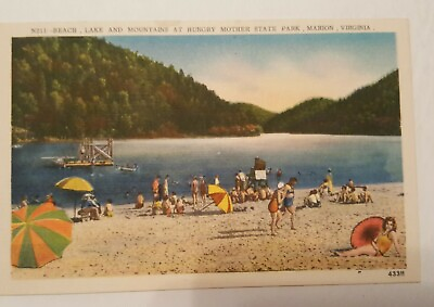 #ad Vintage VIRGINIA postcard HUNGRY MOTHER PARK people on beach Marion VA 1930s $3.93