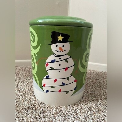 #ad Cookie Jar Keepers Green White Snow Man Cookie Jar With Lights Winter Christmas $28.00