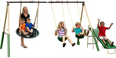 #ad Kids Heavy Duty Steel Swing Set With UFO Disc Swing Belt Swings 5 Ft Wave Slide $254.99