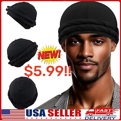 #ad Black Halo Turban Skull Cap Bonnet Hair Cover Pre Tied Turban Durag Head Wrap $5.99