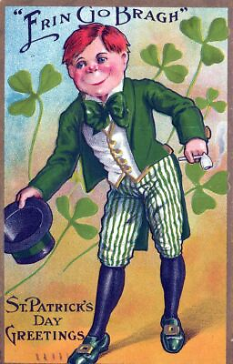 #ad ST. PATRICK#x27;S DAY Dressed Up Boy Top Hat And Shamrocks Postcard 1909 $8.87