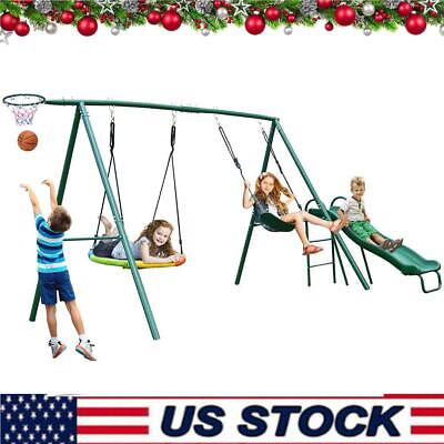 #ad Swing Set Heavy Duty Swingset Outdoor for Kids w A Frame Stand Slide 2 Swings $217.73