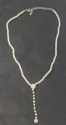 #ad Vintage Faux Pearl Rhinestone Silver tone Bead Necklace Y Drop Dangle $17.99
