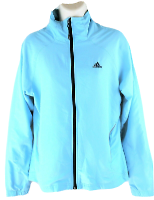 #ad Womens ADIDAS aqua blue windbreaker track jacket MEDIUM black lightweight logo $11.95
