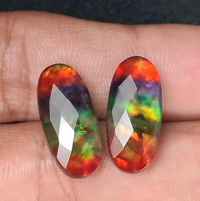 #ad Ammolite Stone Doublet Cabochon Loose Gemstone Checker Cut Oval Matched Pair $11.69