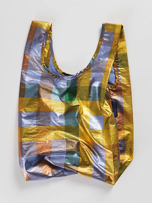 #ad NWT Baby BAGGU Madras Metallic Tote Bag Gold Purple Check Reusable Shopping $42.00
