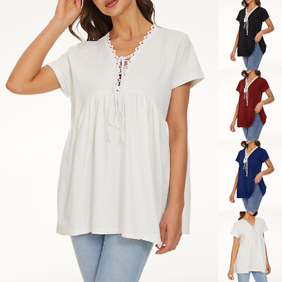 #ad Womens Lace V Neck Casual Blouse T Shirt Summer Short Sleeve Shirt Tunic Tops US $19.03