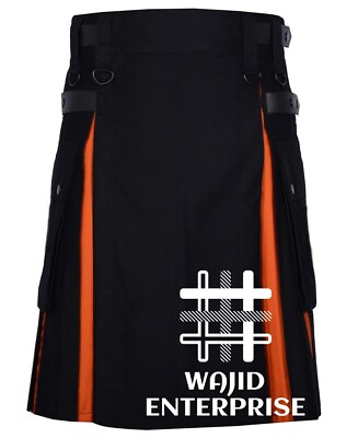 #ad Black With Orange Cotton Hybrid Utility Kilt Custom Size Handmade Men Kilts $42.75