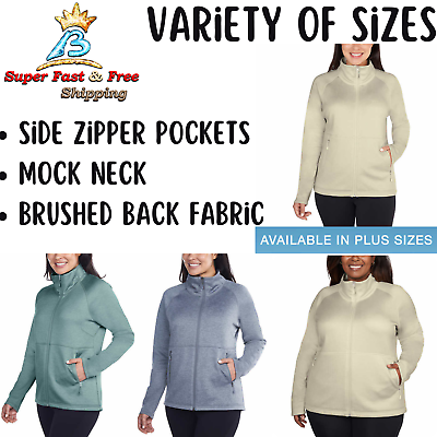 #ad Ladies Fleece Full Zip Jacket Women Outerwear Activewear Gray Teal Cream $15.04