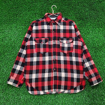 #ad Vintage 60s Woolrich Flannel Mackinaw Shirt Large Thick White Red Black Shacket $74.55
