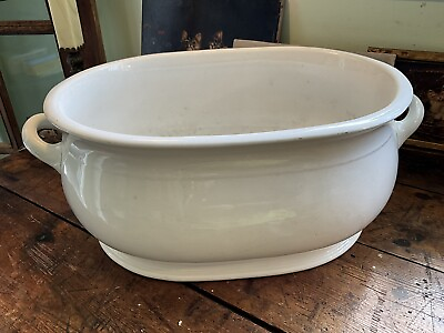 #ad Antique White Ironstone Porcelain English Foot Bath Bulbous Sides w Handles $695.00