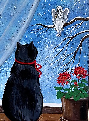 #ad ACEO PRINT OF PAINTING RYTA CHRISTMAS BLACK CAT angel music folk art moon flower $7.49