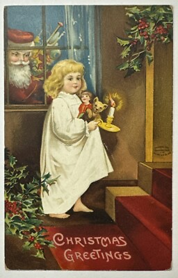 #ad Antique Christmas Postcard Little Girl amp; Santa Looking through Window $8.95