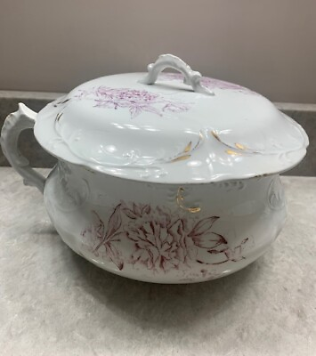 #ad Antique Ornate Chamber Pot With Lid Gold amp; Pink Stamped $59.99