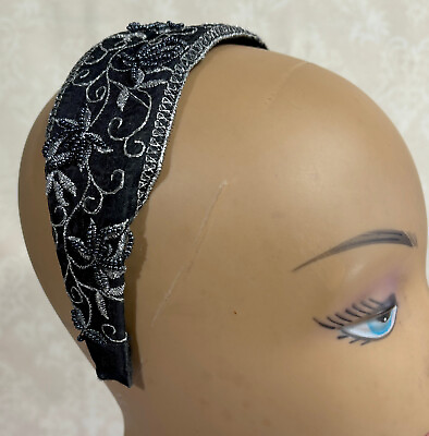 #ad Black Floral Silver Trim Ladies Headband Hair Accessory $8.85