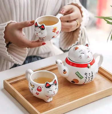 #ad Maneki Neko Lucky Cat Tea Set Tea Pot and Cups $24.99