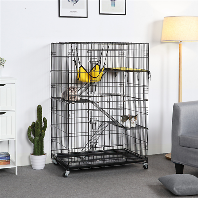 #ad 48quot; Folding Metal Pet Cat Kennel Cage Crate Playpen w Free Hammock Bed Black $84.99