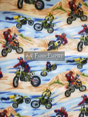 #ad Fleece Printed Fabric MOTOCROSS BLUE BROWN 58quot; Wide Sold by the yard $10.89