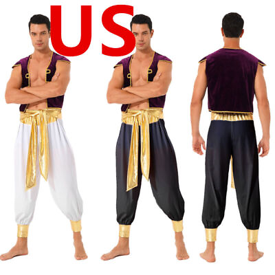 #ad US Men Costume Halloween Arabian Prince Cosplay Outfits Waistcoat with Pants Set $24.83