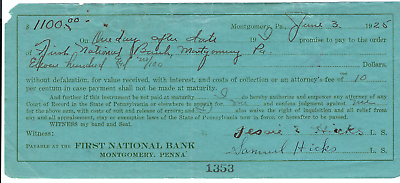 #ad 1925 Vintage Promissory Note First National Bank Montgomery Pennsylvania $17.25