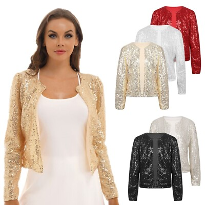 #ad US Womens Glitter Sequin Open Front Long Sleeve Cardigan Jacket Cropped Outwear $21.60