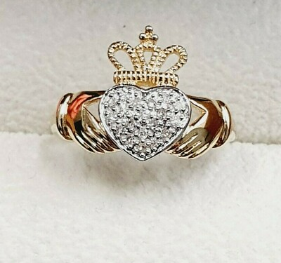#ad Claddagh Ring 9ct Gold Size N Yellow Gold Solid Natural Diamonds 9ct Gold GBP 284.99