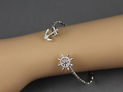 #ad Silver Anchor bracelet Ships Wheel thin skinny cuff bangle bracelet boating $9.99