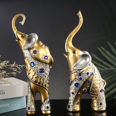 #ad 12quot; Fine Resin Carved Elephant Animal Pair Home Ornaments Lucky Gift Statue $165.60