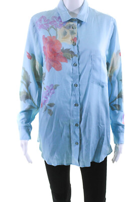 #ad The Kit Womens Striped Floral Print Buttoned Collared Blouse Top Blue Size L $48.79