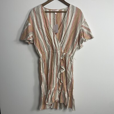 #ad NWT Lauren Conrad Dress Size Large Linen Striped Boho Beach Ruffle Hem Dress $14.69