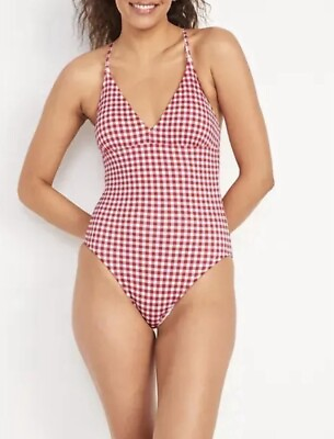 #ad Old Navy Removable Pads V neck Adjustable Tie Red Checked NWT Swimsuit 3X Plus $29.99