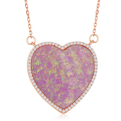 #ad Sterling Silver Rose Tone Pink Inlay Opal Heart with CZ Border Necklace $90.00