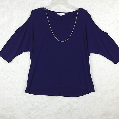 #ad Notations Womens Top Shirt Cold Shoulder Blue 3 4 Sleeve High Low Chain L $10.19