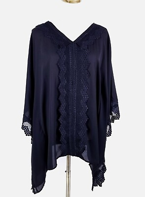 #ad Lamp;B Kimono Top Womens Size L XL Black Geometric Lace V Neck 3 4 Sleeves $13.49