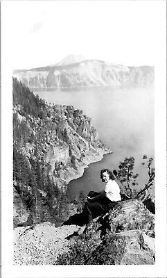 #ad Woman Hiker Overlooking Crater Lake Oregon National Park 1940s Vintage Photo $10.04