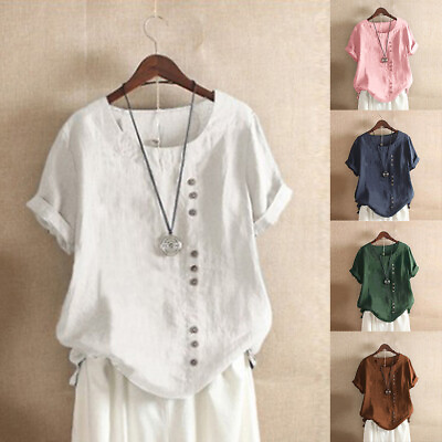#ad Women Short Sleeve Solid Tops Ladies Cotton Linen Casual Shirt Loose Blouse US $15.59