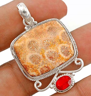 #ad Natural Fossil Coral amp; Garnet 925 Solid Sterling Silver Pendant Jewelry NW15 5 $28.99